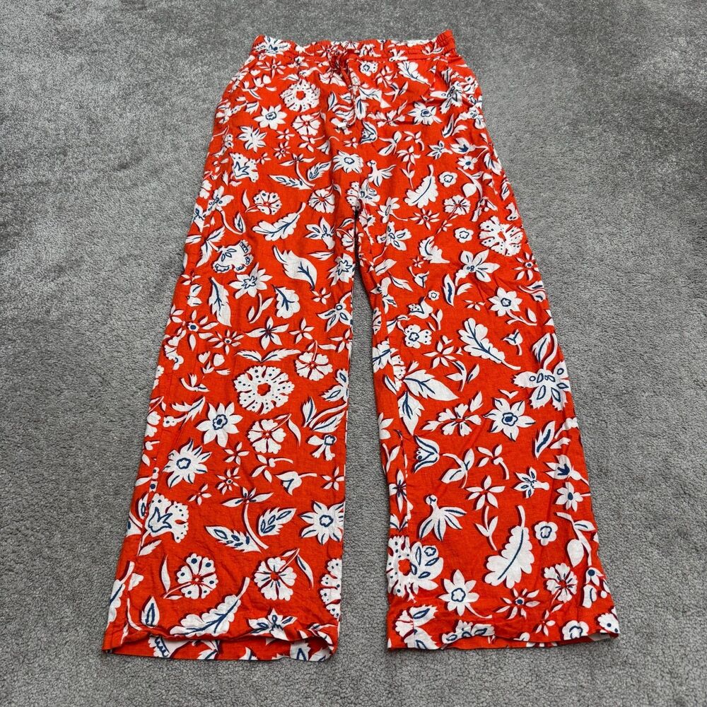 Zara Floral Linen Blend Wide Leg Pull On Palazzo Pants Womens Large Orange White